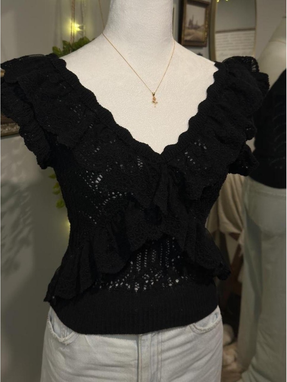 Black Crochet Ruffle Top 🖤 - Picture 5 of 6